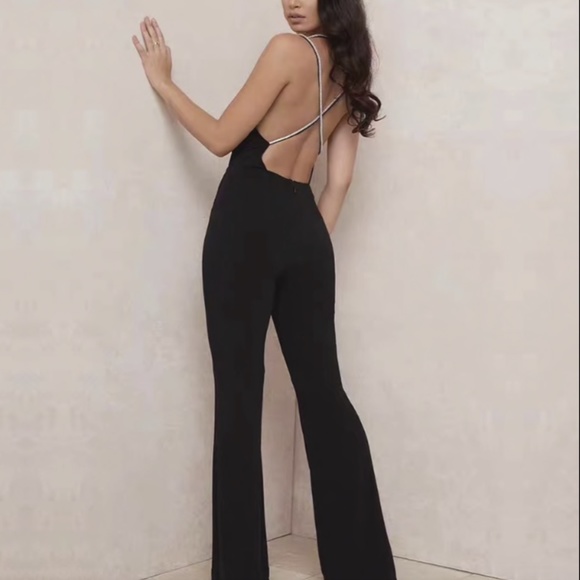 NEW! DESIGNER PEARL STRAP BLACK BANDAGE JUMPSUIT PLAYSUIT PANTSUIT OPEN BACK - Picture 4 of 6